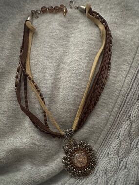 Boho Brown Multi-Strand Pendant Necklace with Decorative Medallion